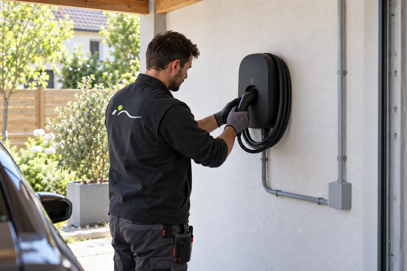 Borne de recharge murale noire posée dans un garage, câble enroulé et ligne dédiée sous goulotte
