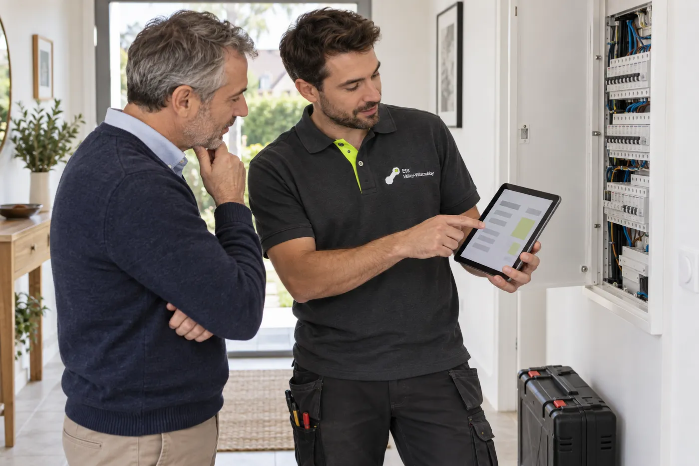 Électricien en polo Ets Vélizy-Villacoublay présentant le devis sur une tablette à un propriétaire, près du tableau électrique