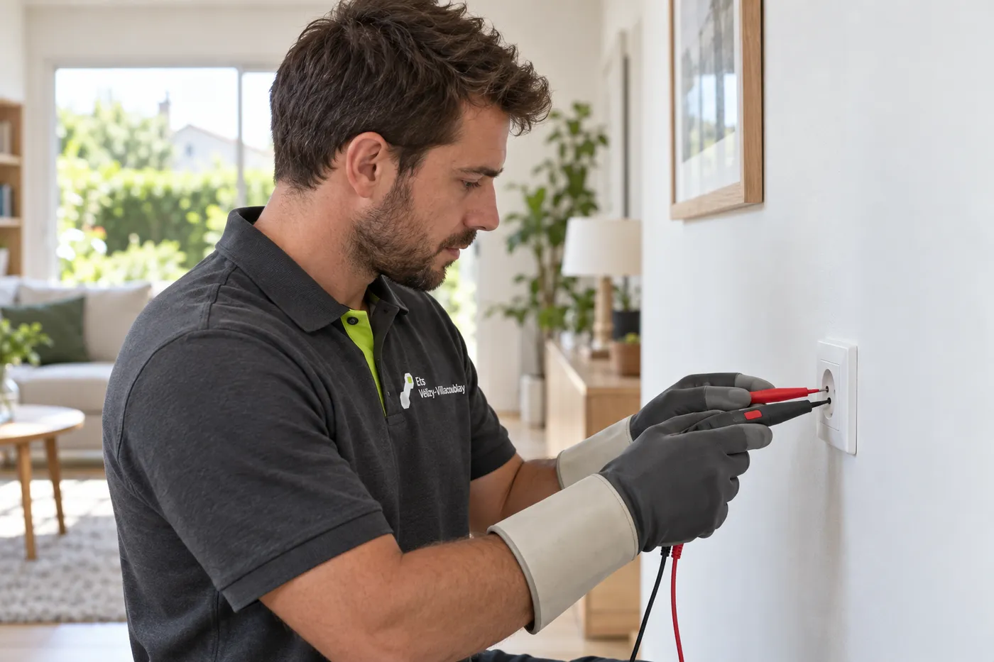 Électricien en gants isolants contrôlant une prise murale avec un testeur de tension