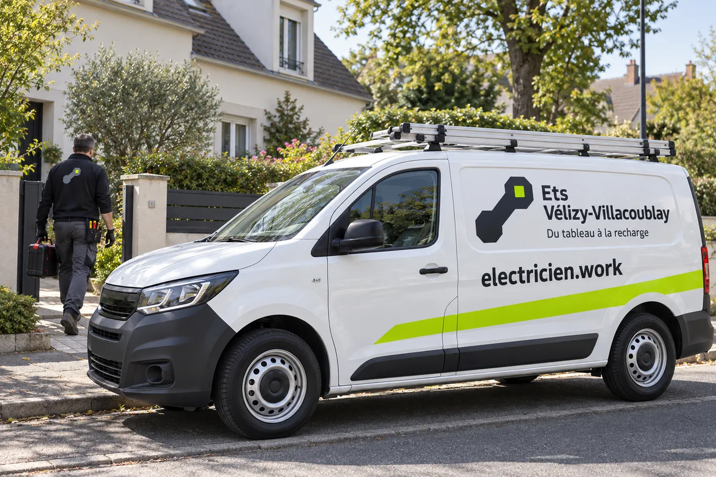 Utilitaire blanc aux couleurs d'Ets Vélizy-Villacoublay garé dans une rue pavillonnaire des Yvelines